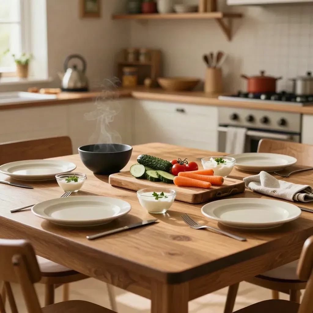 Gezinstafel met kinderborden, groente, kommen en snijplank in warme keuken