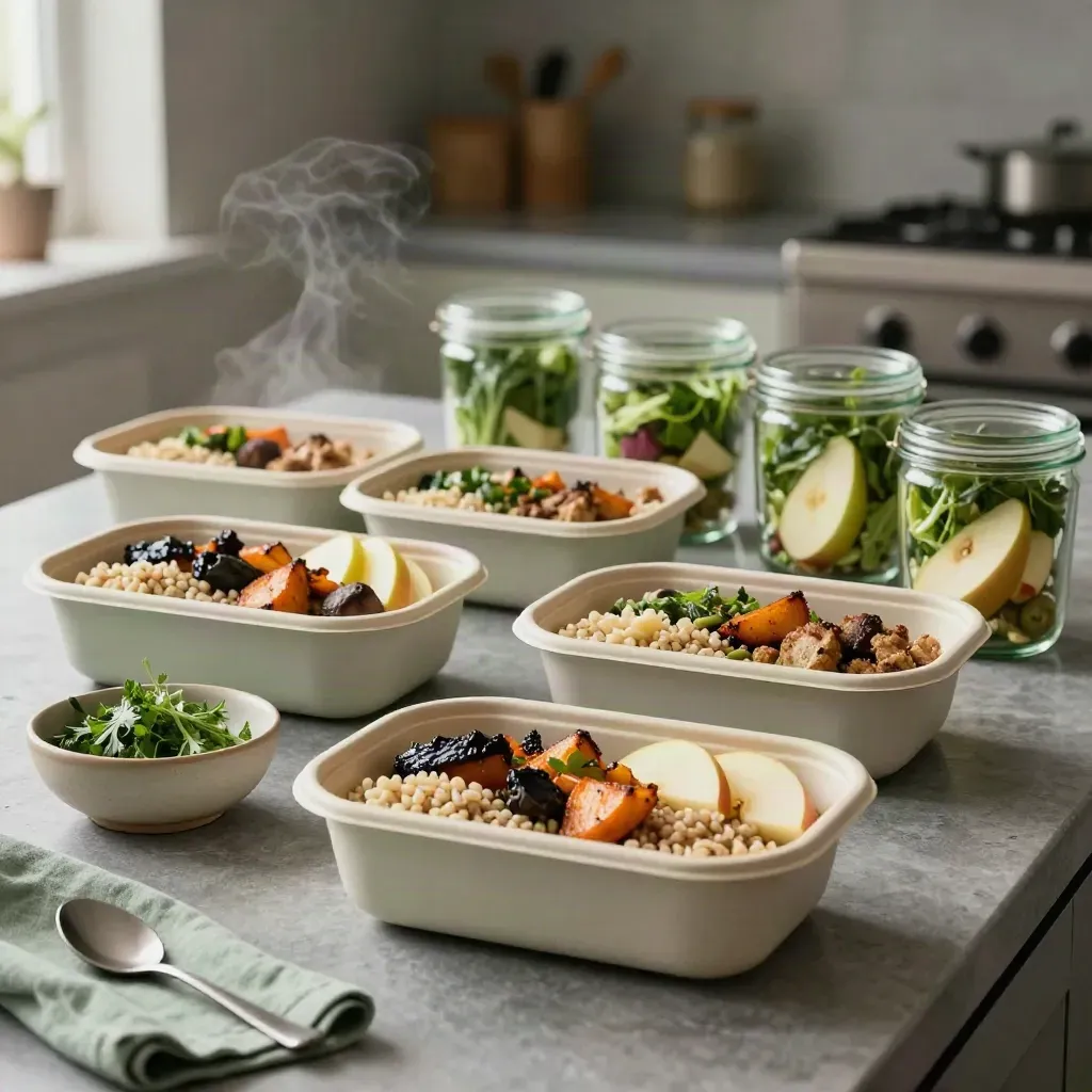 Vijf identieke lunchbakken met saladepotten, fruit en kruiden op een rustige keukenwerkplek.
