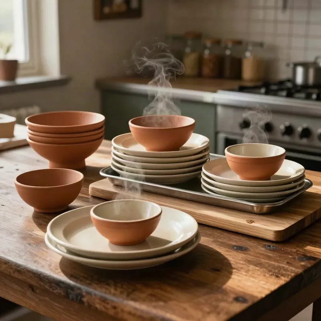 Trainingsopstelling met portieplaten, proefkommen en terracotta standaards in warm licht.