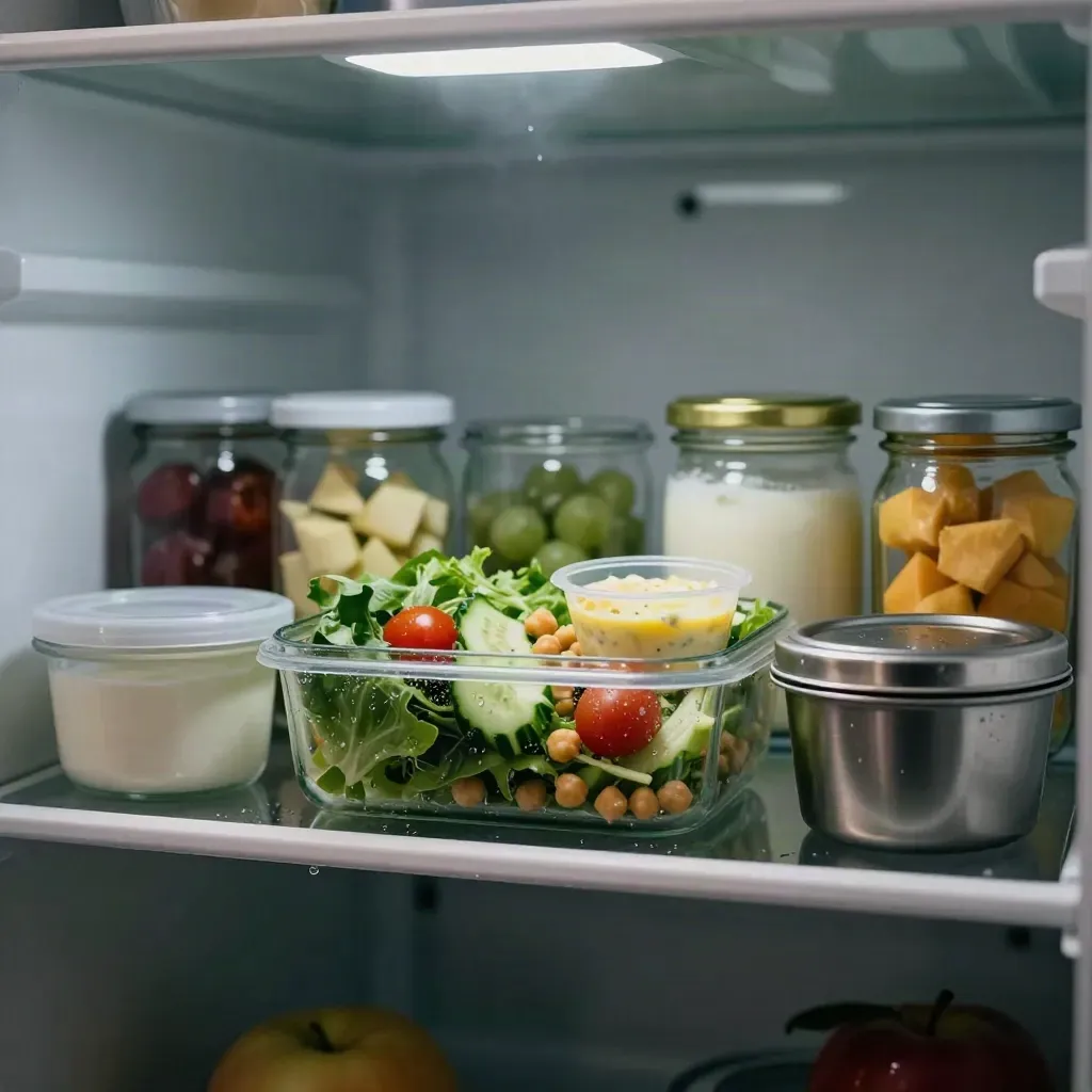 Vijf gezonde lunchboxen op een koelkastplank met salade, fruit en maaltijdprep.