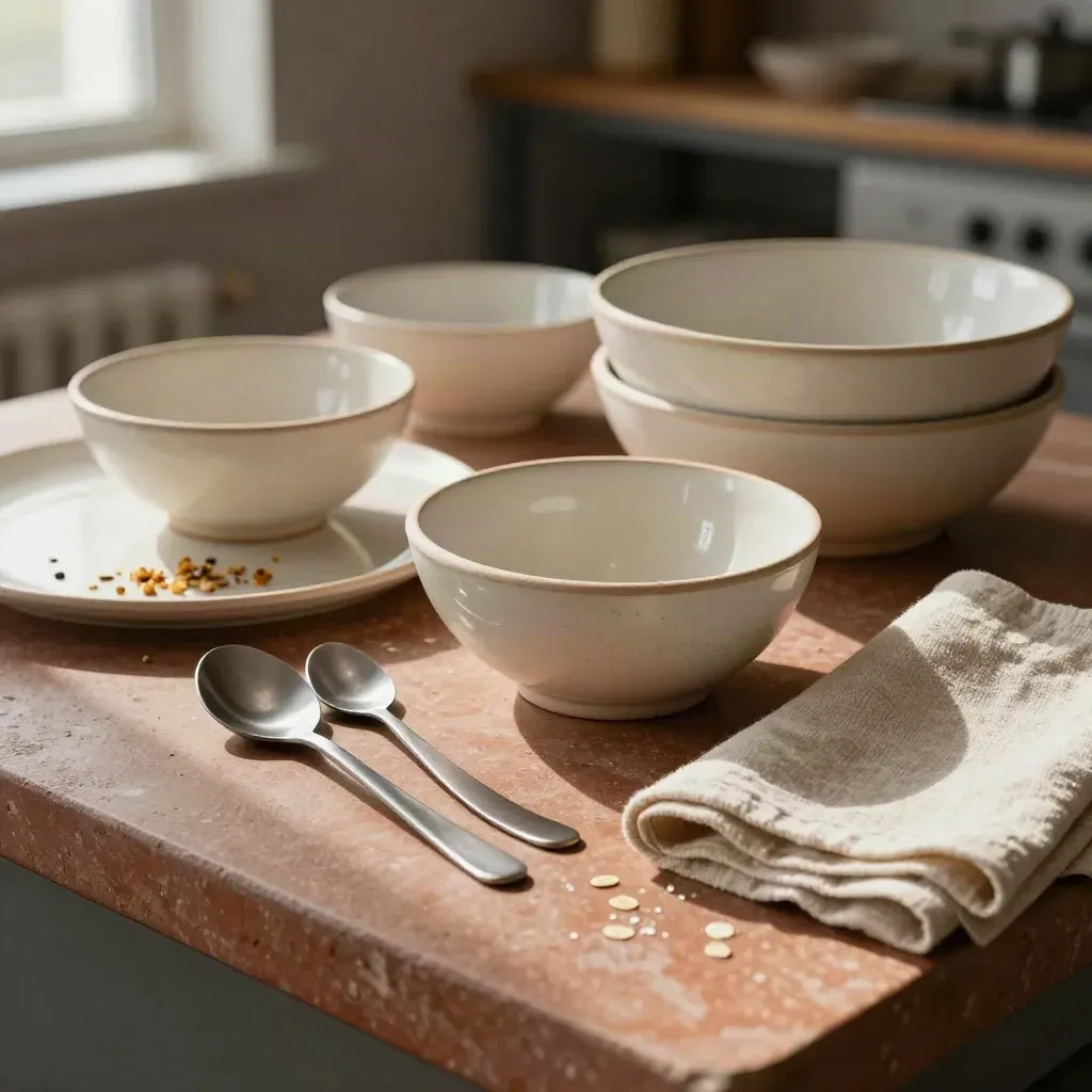 Schuine food-editorial still life van trainingsschalen, serveerschaal, lepels en linnen doek in een keuken.