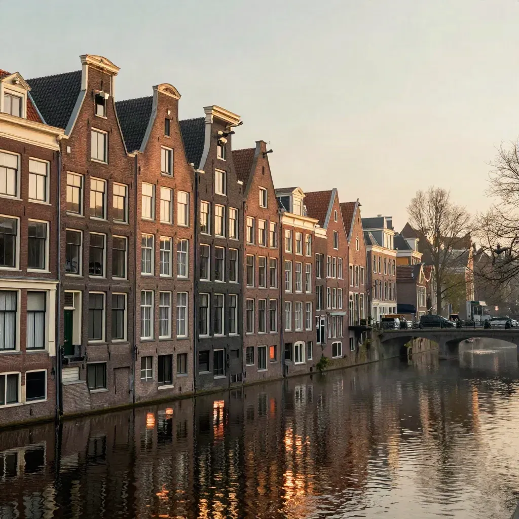 Amsterdamse grachtenhuizen bij gouden avondlicht met rustig water en bomen in de verte